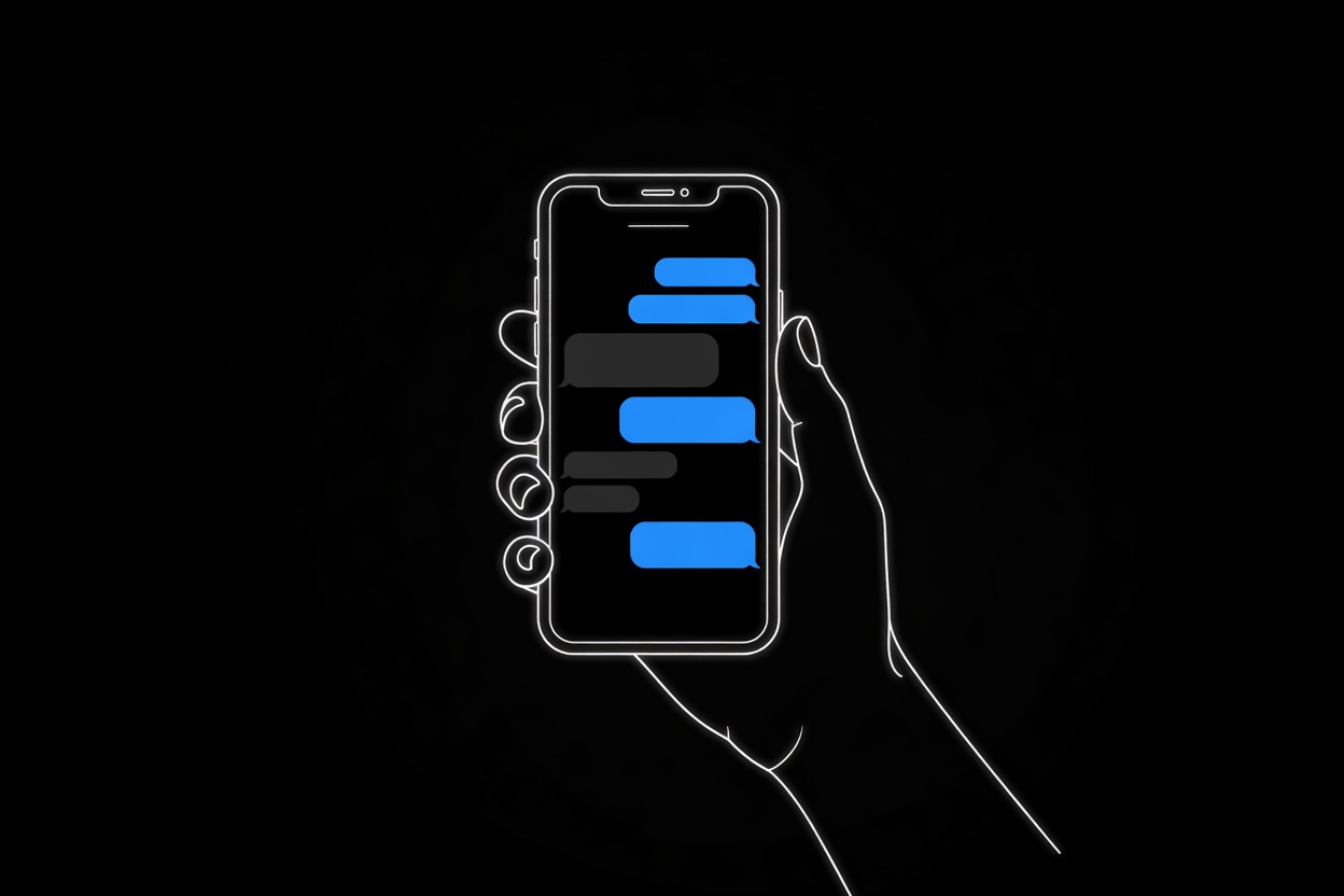 A line drawing of a hand holding a phone full of messages