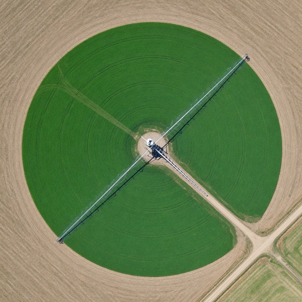 Green crop circles under a center pivot